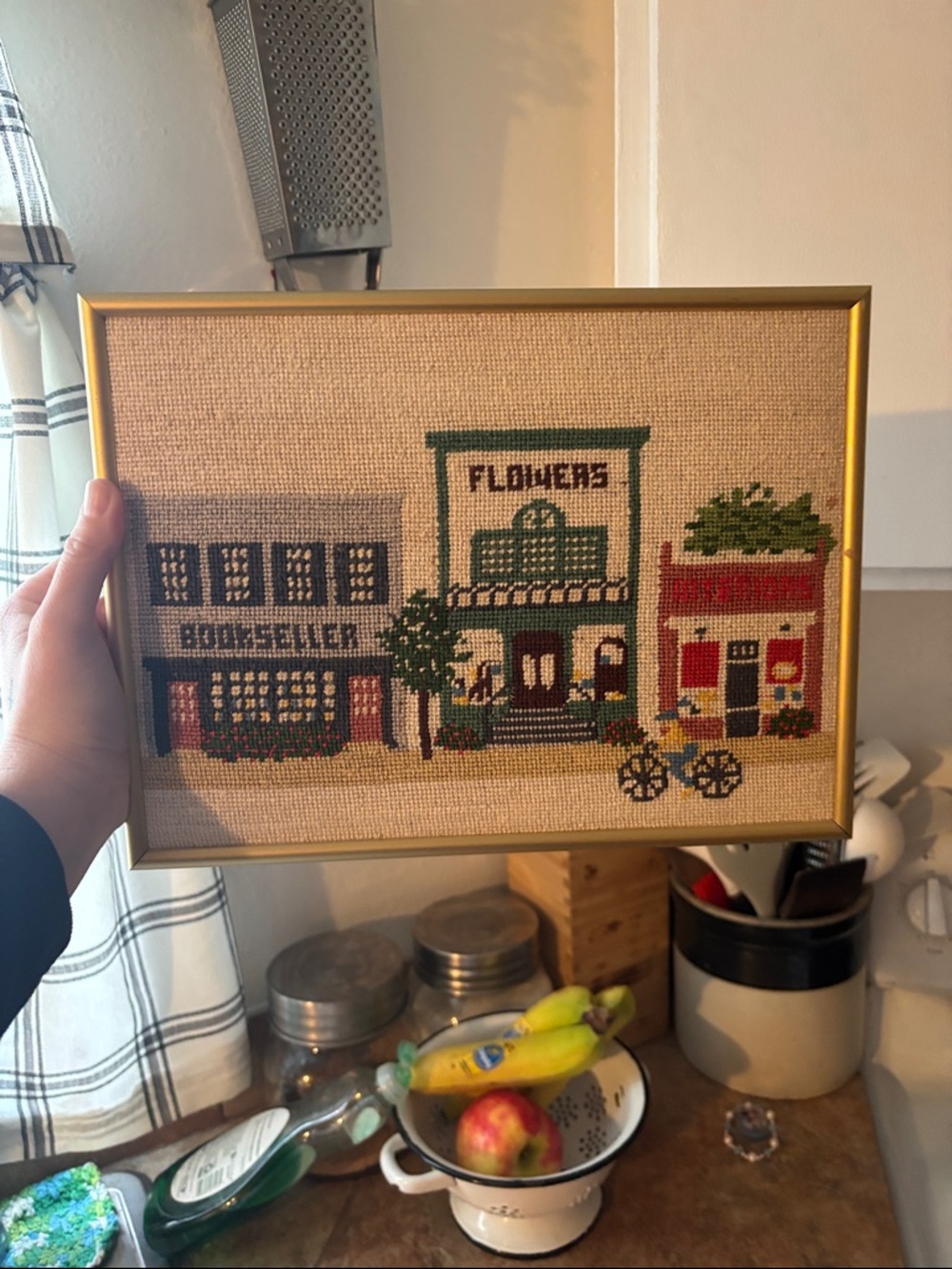 Framed Cross-Stitch Village Scene with Flowers Shop